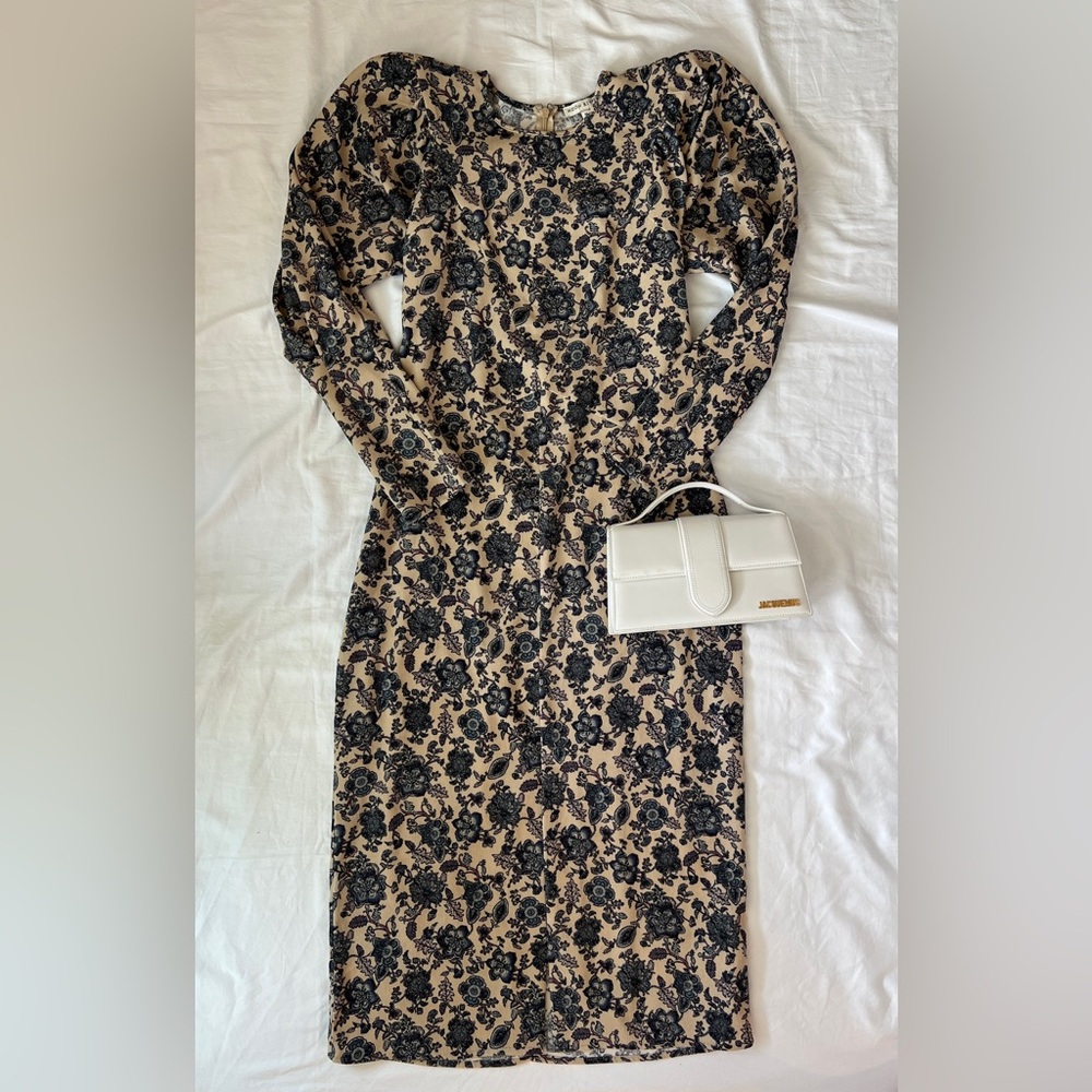 Moon River x Anthropologie Blue and‎ Tan Corduroy  Dress Puff Sleeves